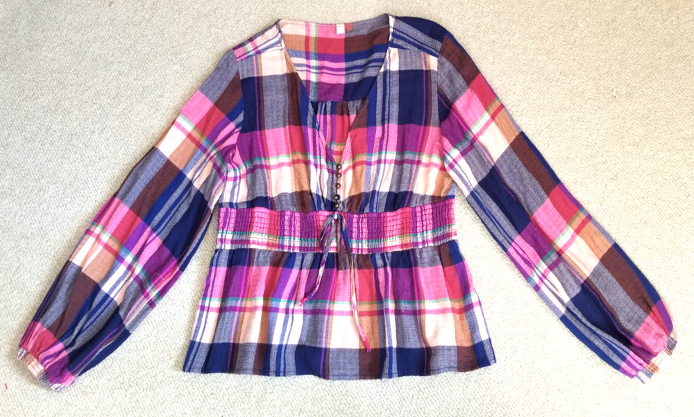 Womens Top-ANTHROPOLOGIE-PILCRO-blue/pink gauzy 'Plaid Deep-V' smocked empire-L
